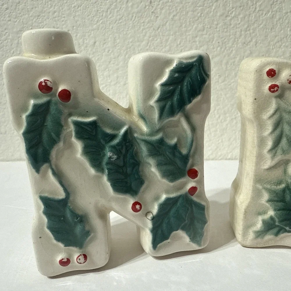 Vintage Ceramic NOEL Letters Christmas Mini Candlestick‎ Set Kitschy Retro Japan